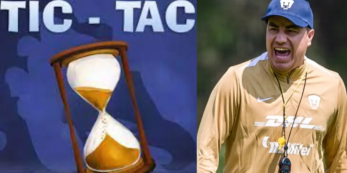 Reloj de arena pasando el tiempo, a la derecha, Juárez reclama en práctica (Fuente: Time y Pumas)