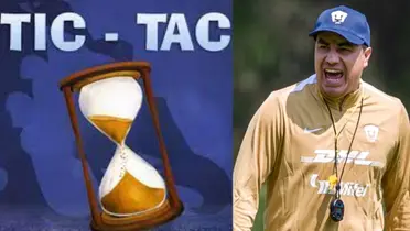 Reloj de arena pasando el tiempo, a la derecha, Juárez reclama en práctica (Fuente: Time y Pumas)