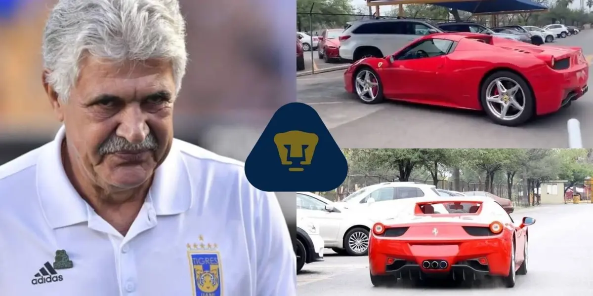 Ricardo Ferretti dirigiendo a Tigres, a la derecha, dos postales del Ferrari que tiene (Fuente: Mexsports y Cancha Norte)