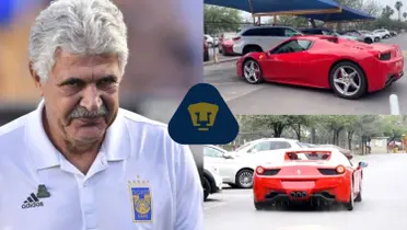 Ricardo Ferretti dirigiendo a Tigres, a la derecha, dos postales del Ferrari que tiene (Fuente: Mexsports y Cancha Norte)