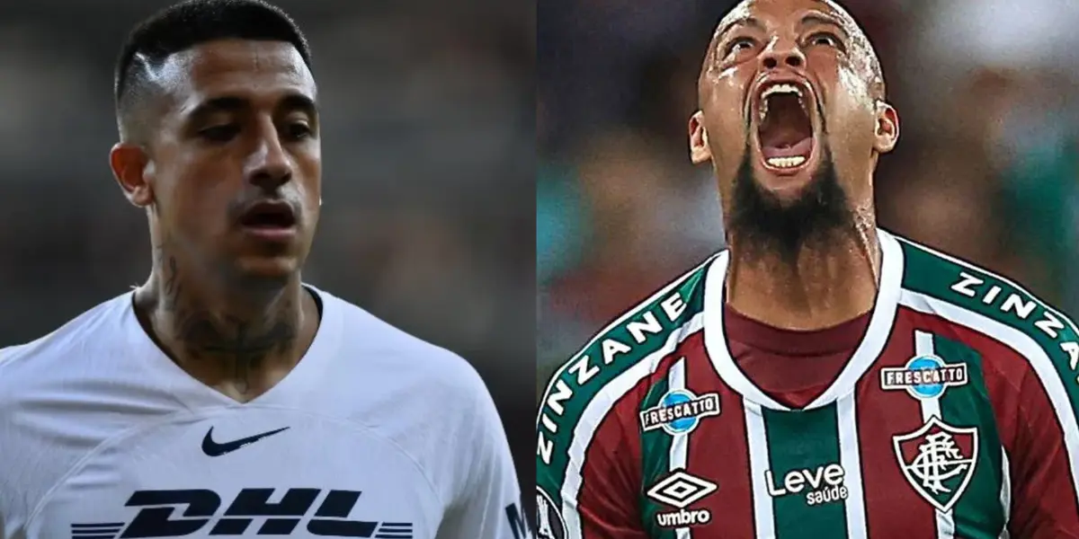 Robert Ergas en un juego de Pumas, a la derecha, Felipe Melo grita (Fuente: Mexsports y O Globo)