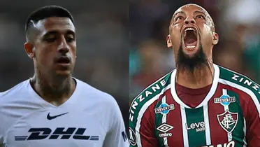 Robert Ergas en un juego de Pumas, a la derecha, Felipe Melo grita (Fuente: Mexsports y O Globo)