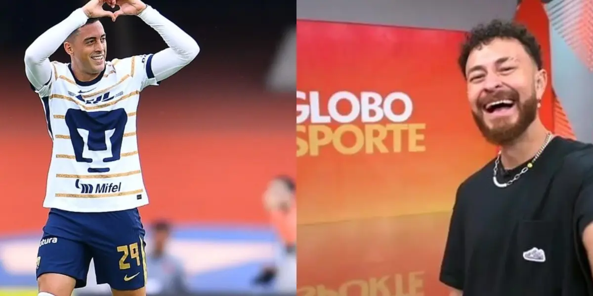 Rogelio Funes Mori festeja gol con Pumas, a la derecha, presentador de Globo Esporte (Fuente: Mexsports y Globo Esporte)