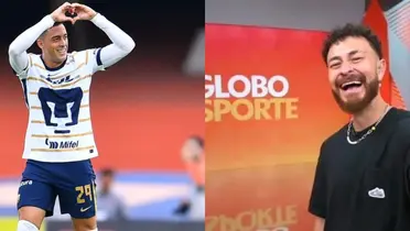 Rogelio Funes Mori festeja gol con Pumas, a la derecha, presentador de Globo Esporte (Fuente: Mexsports y Globo Esporte)