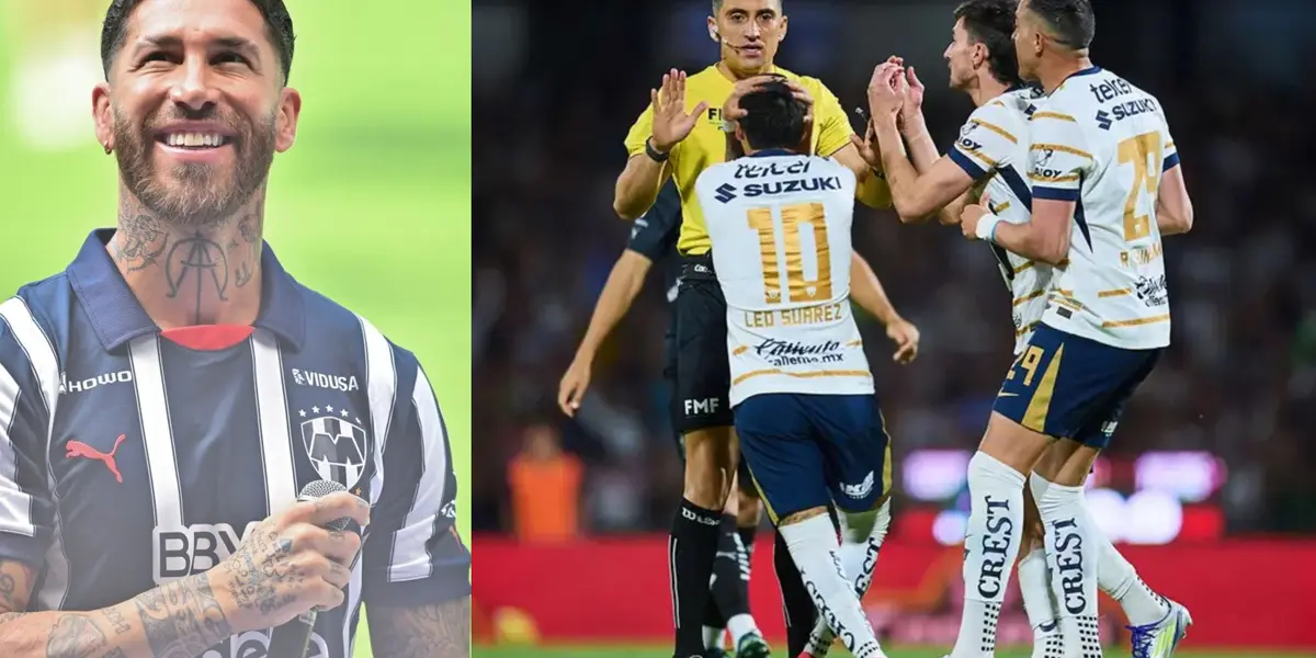 Sergio Ramos se ríe en presentación, a la derecha, jugadores de Pumas molestos (Fuente: Mexsports y Getty)