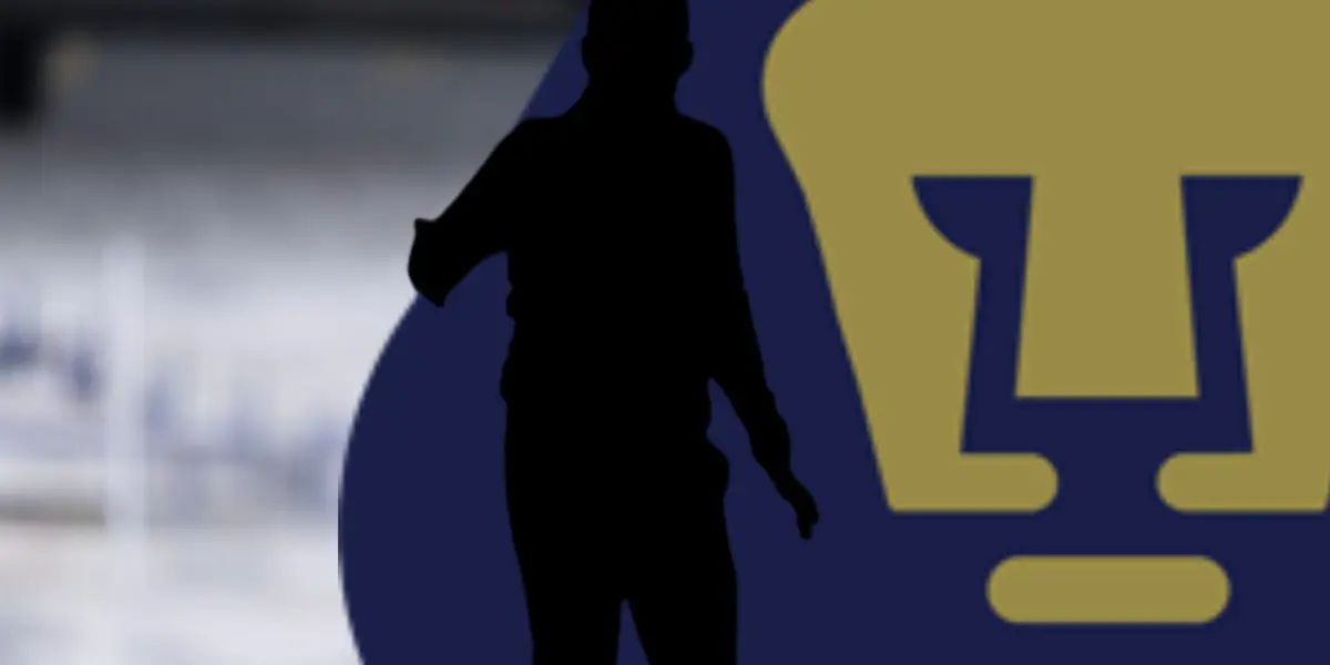 Silueta de Nicolás Larcamón con el escudo de Pumas