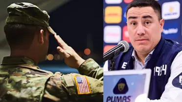 Soldado saluda a su superior, a la derecha, Juárez en conferencia con Pumas (Fuente: I Stock y Pumas)