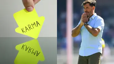 Sticker de karma, a la derecha, Gustavo Lema dirige un partido (Fuente: Mente maravillosa y Mexsports)