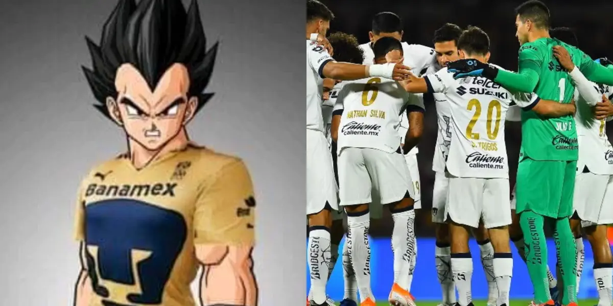 Vegeta con la playera de Pumas, a la derecha, jugadores de la U en charla (Fuente: Soy Pumas y Mexsports)