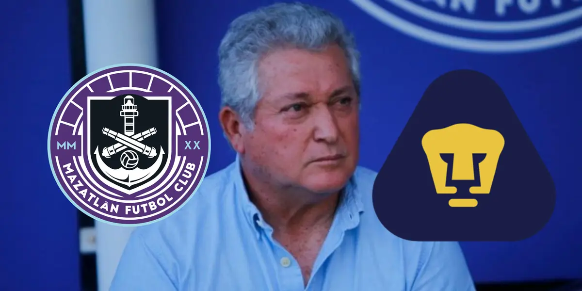 Víctor Manuel Vucetich con escudo de Pumas y Mazatlán