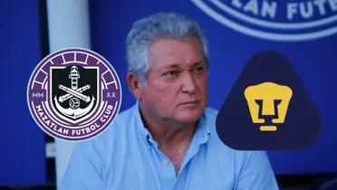Víctor Manuel Vucetich con escudo de Pumas y Mazatlán
