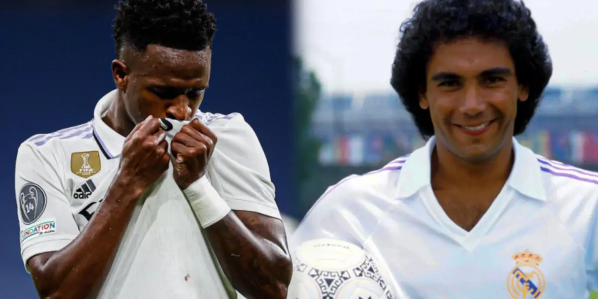 Vinicius besa la playera del Madrid, a la derecha, Hugo posa con una pelota (Fuente: Esto)