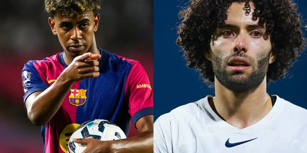 Yamal señala una jugada con Barcelona, a la derecha, César Huerta (Fuente: Marca y Mexsports)