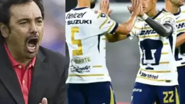 Hugo Sánchez grita a jugadores, a la derecha, Pumas festeja gol (Fuente: Milenio y Mexsports)