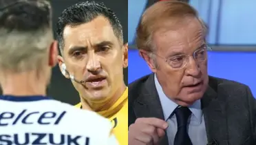 José Ramón Fernández en ESPN, a la derecha, árbitro sanciona falta (Fuente: Mexsports e ESPN)