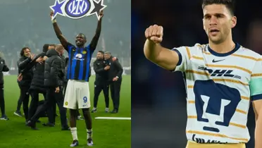 Jugador de Inter celebra título, a la derecha Magallán canta himno de Universidad (Fuente: AS y Mexsports)